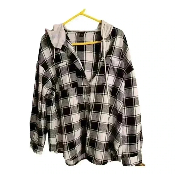 Shein Women's Black And White Plaid Hooded Drawstring Button-Up Jacket XL - Picture 1 of 6